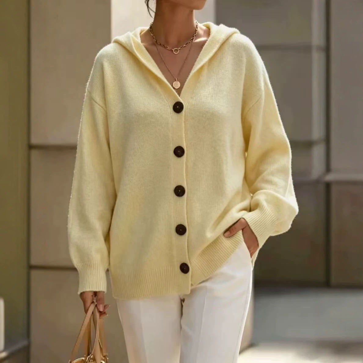 Hooded Knitted Cardigan Solid Color Casual