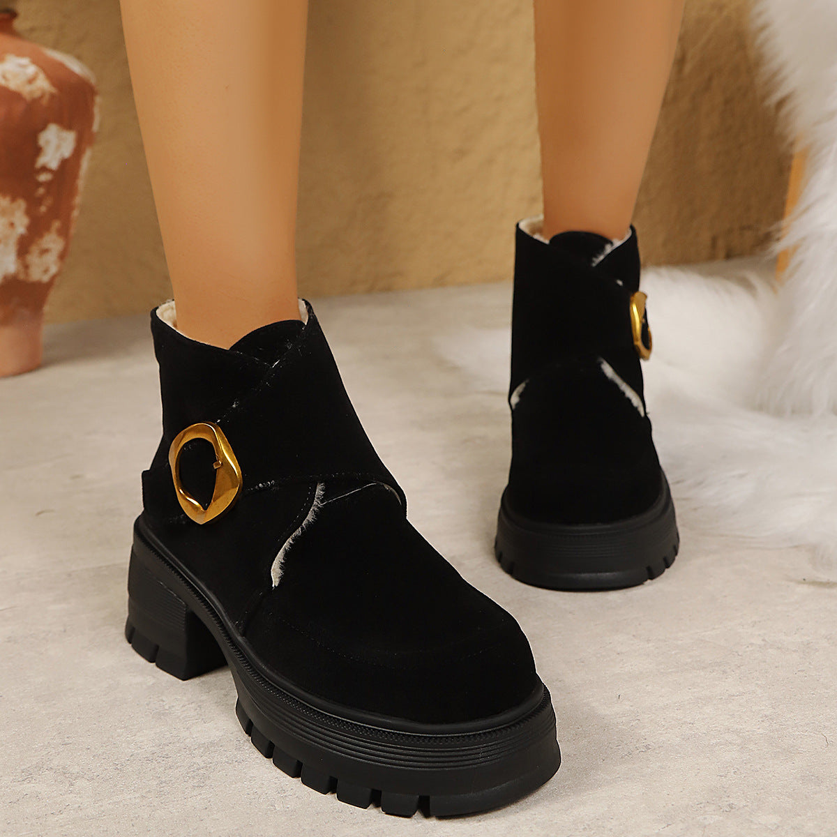 Chunky Heeled Over-the-Knee Boots with Belt Buckle, Faux Suede, High Heel, Thick Sole, Women&