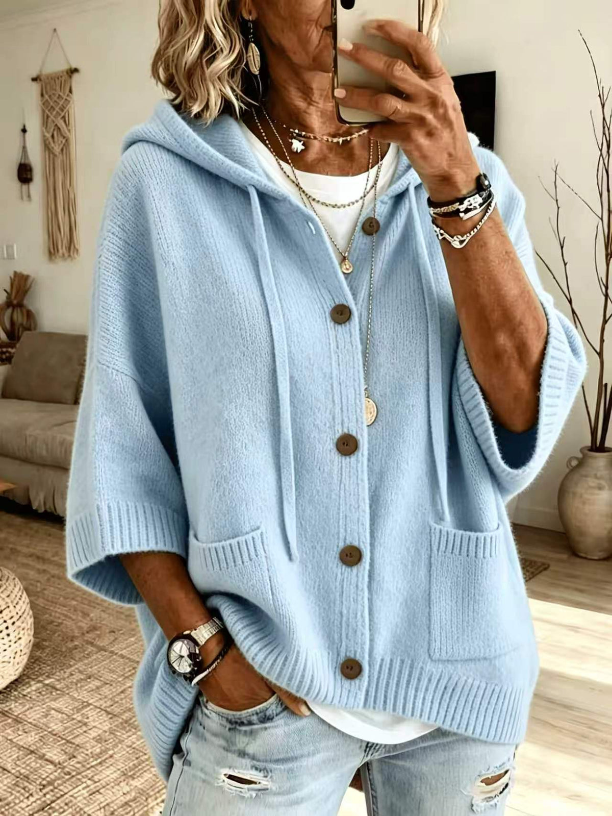 Hooded sweater cardigan solid color casual jacket for women