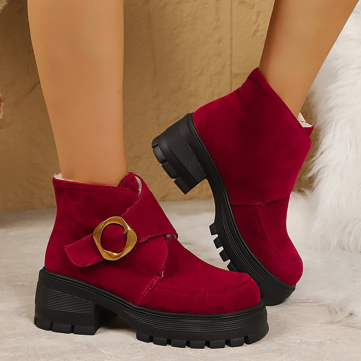 Chunky Heeled Over-the-Knee Boots with Belt Buckle, Faux Suede, High Heel, Thick Sole, Women&