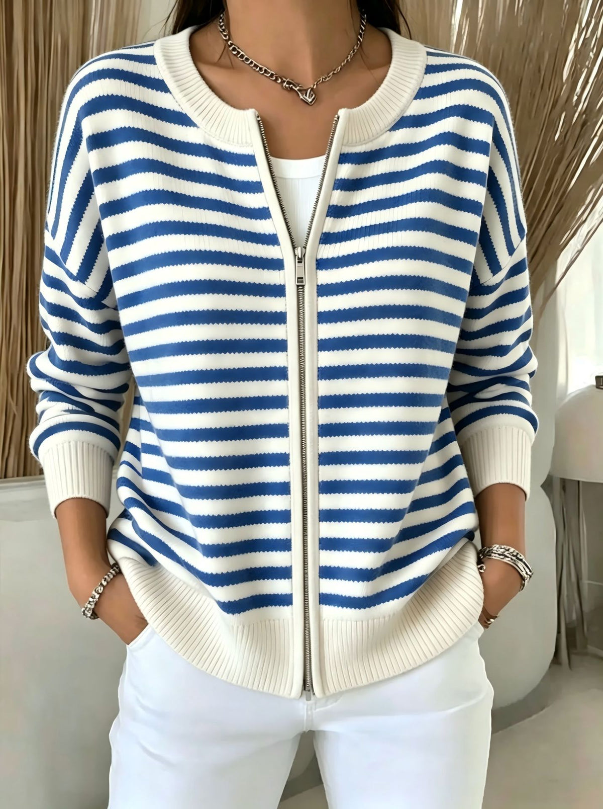 Striped zipper knitted cardigan for women