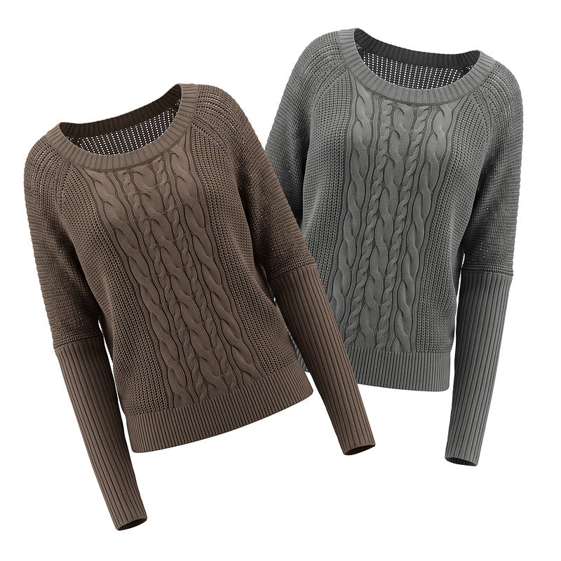Round neck twisted flower knitted long sleeved sweater