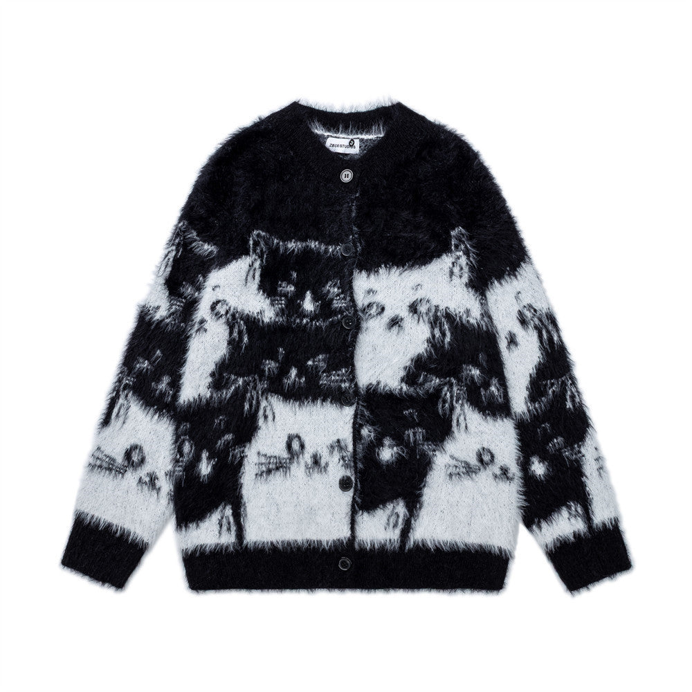 Cartoon contrasting round neck knitted cardigan