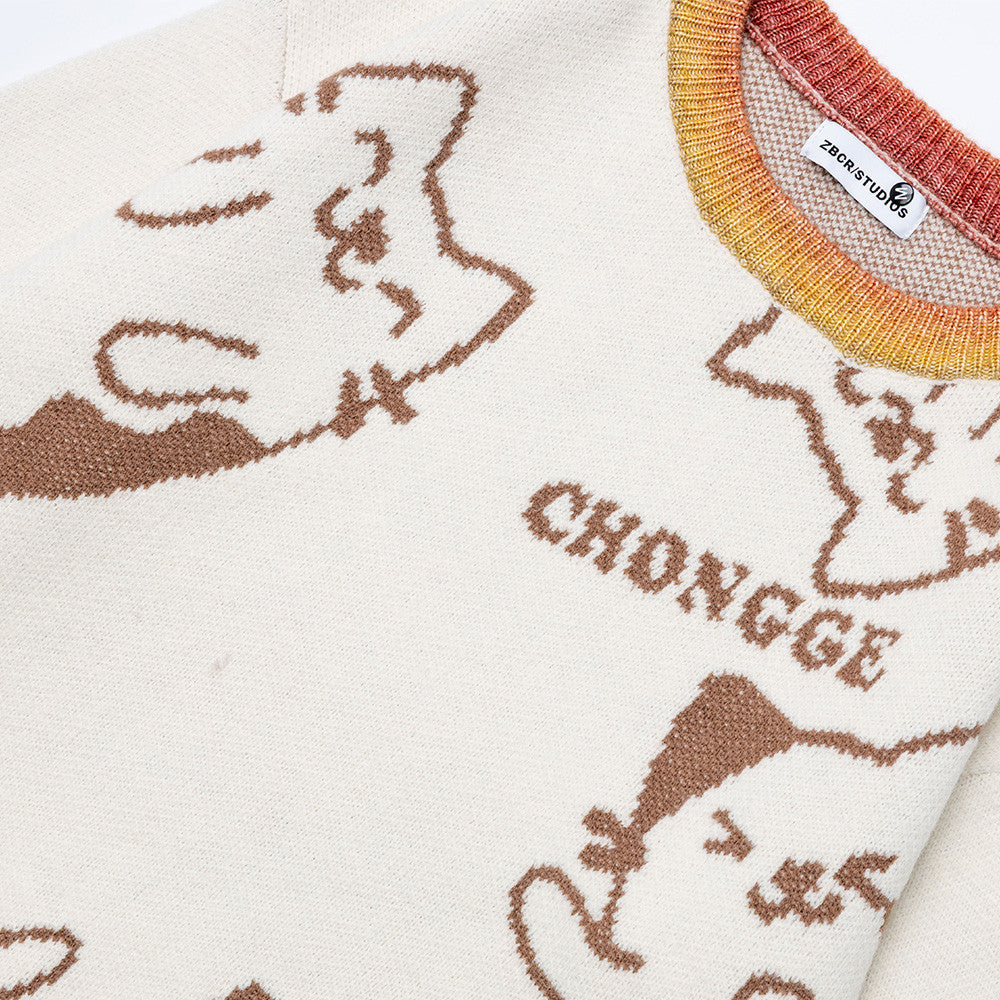 Cartoon jacquard contrasting round neck sweater