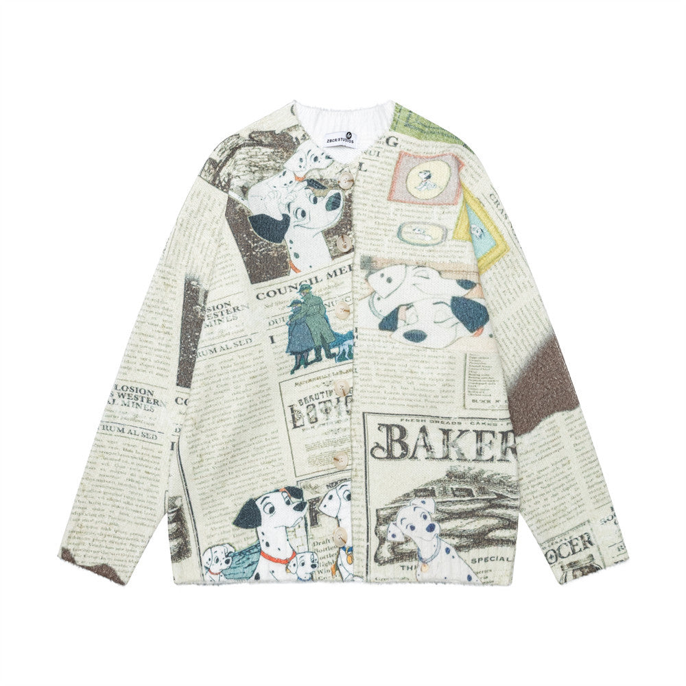 Cartoon puppy newspaper printed cardigan sweater