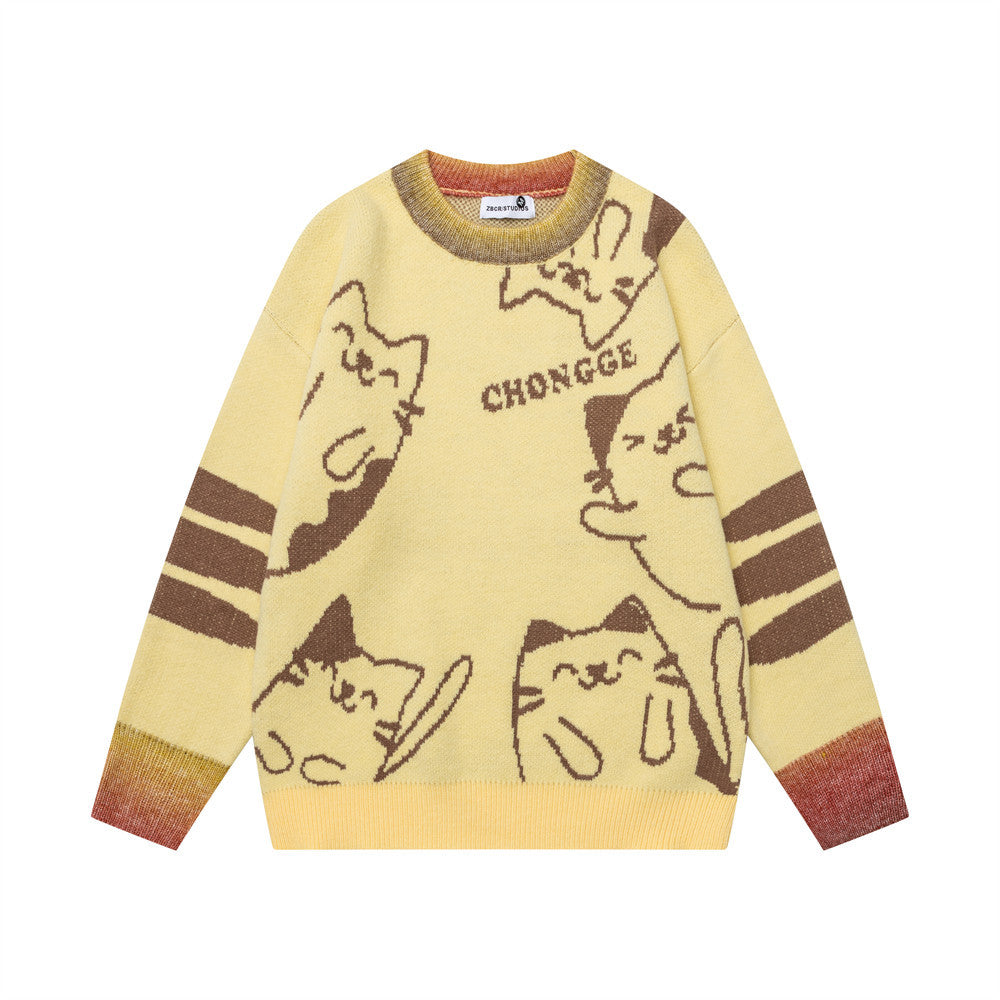 Cartoon jacquard contrasting round neck sweater
