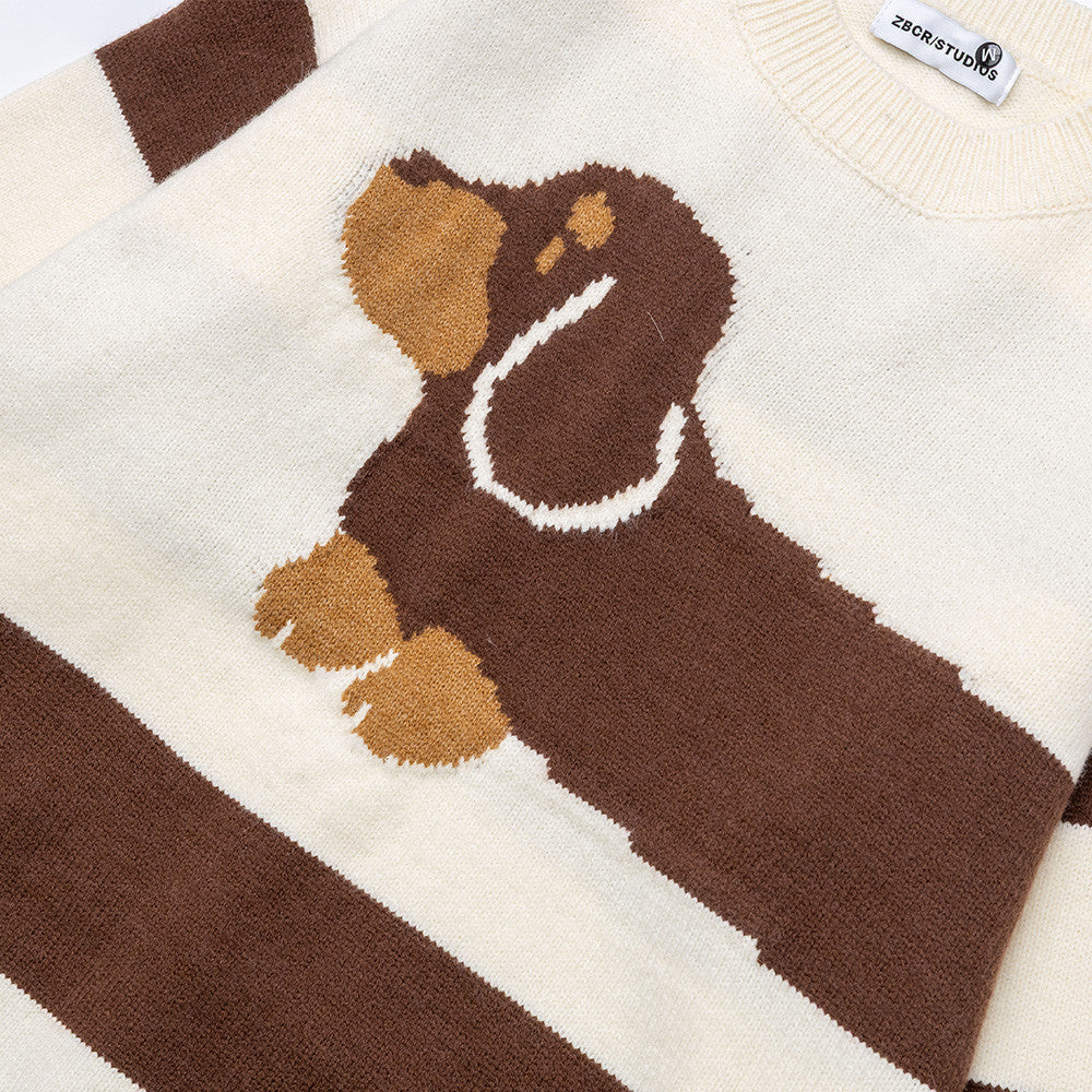 Color blocking striped cartoon dog round neck sweater