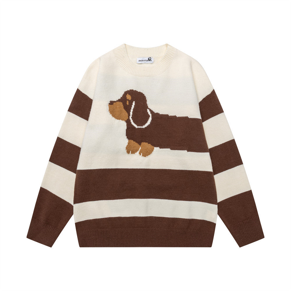 Color blocking striped cartoon dog round neck sweater