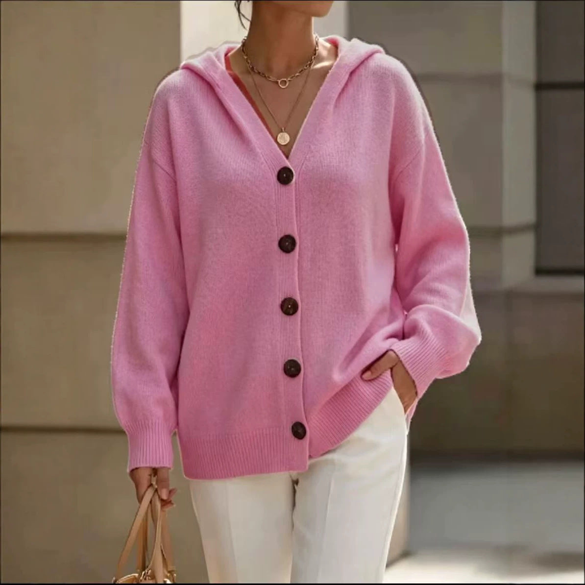 Hooded Knitted Cardigan Solid Color Casual