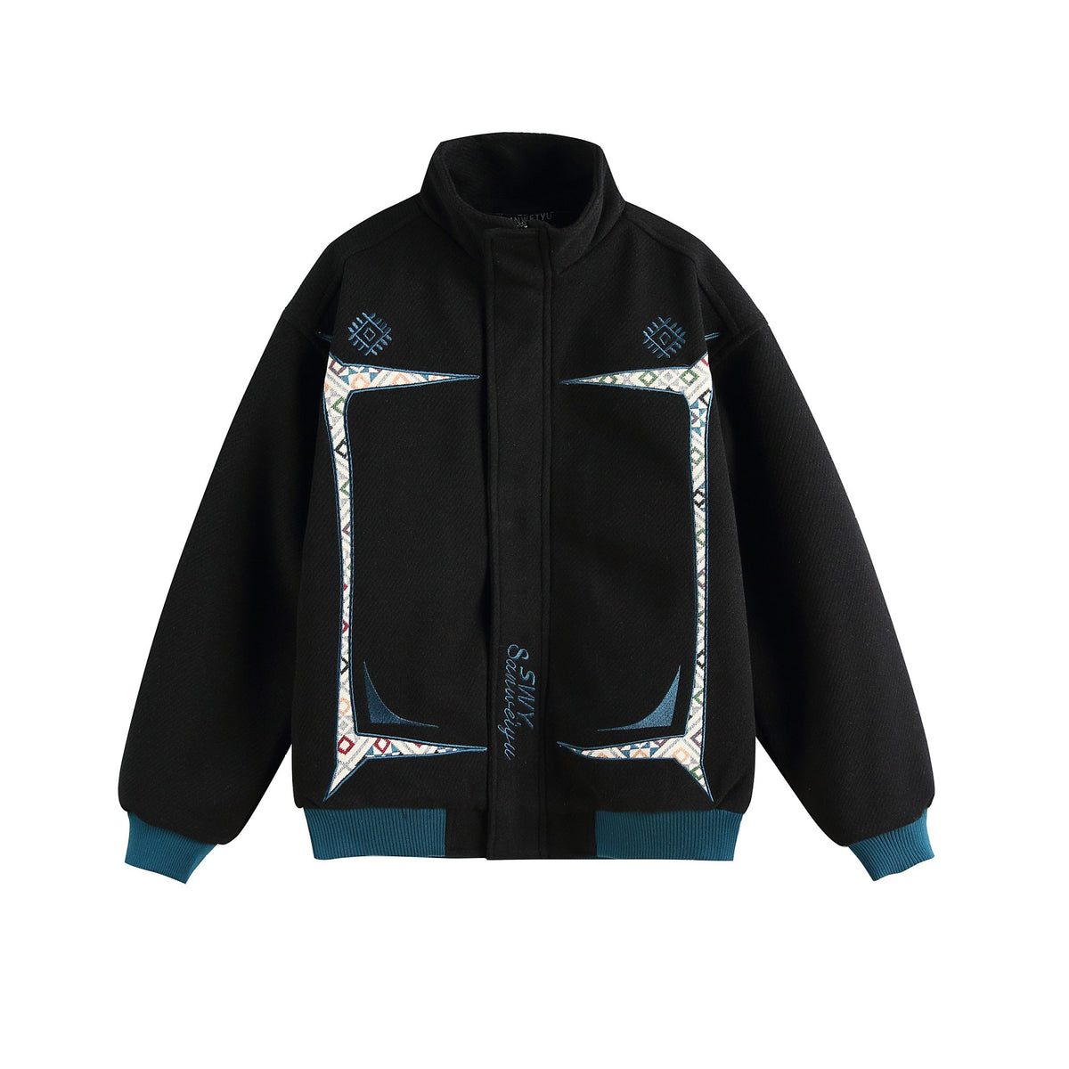 Embroidery Design Button Closure Stand Collar Loose Fit Men&