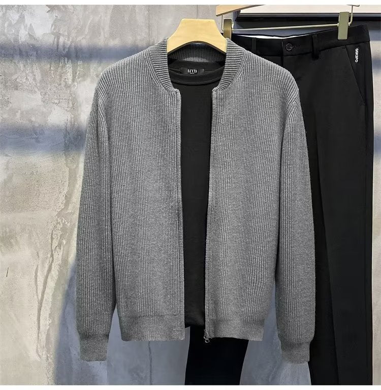 Casual Solid Color Knit Double Zipper Cardigan Sweater for Men