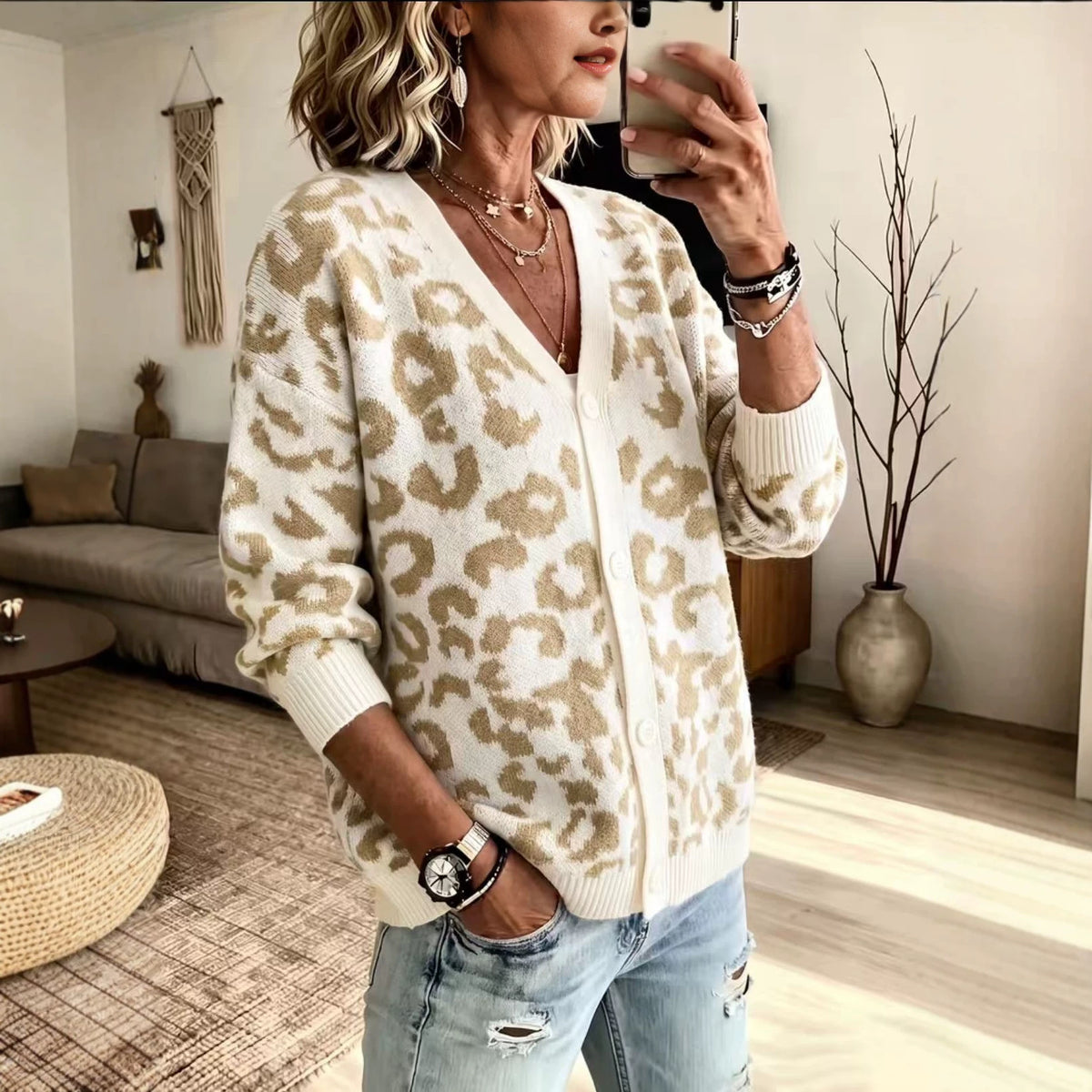 Loose leopard print knit cardigan jacket