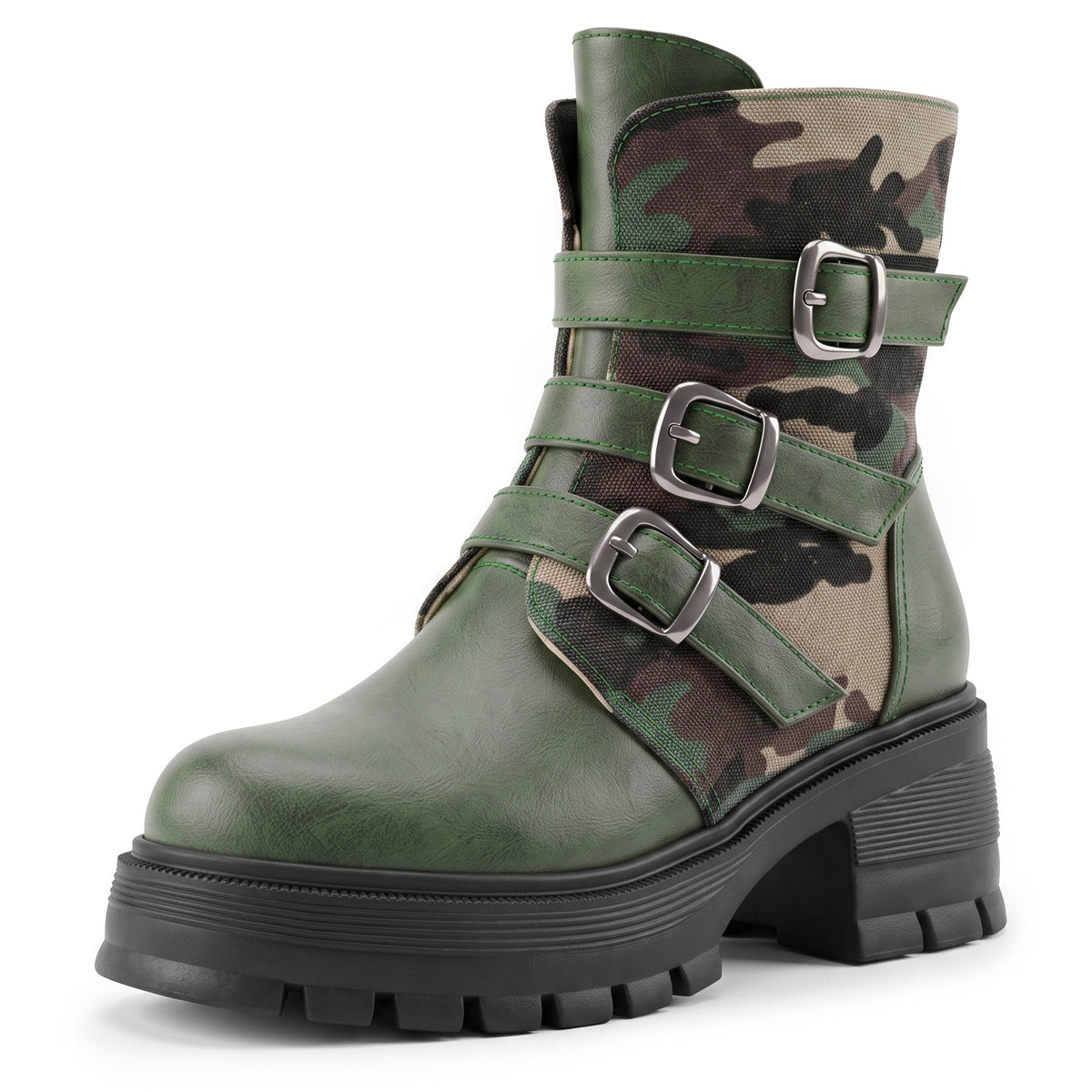 High Heel Thick Sole Belt Buckle Camouflage Low Cut Women&