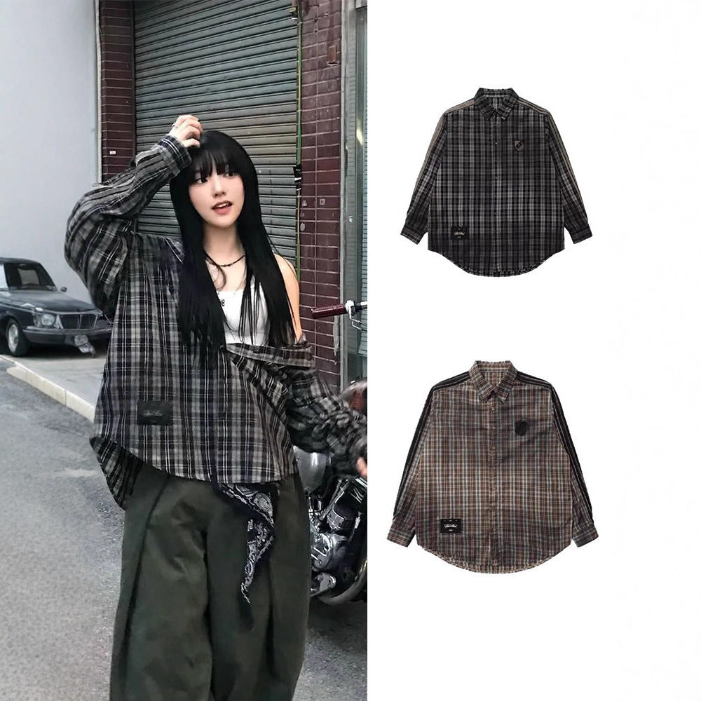 Badblood Vintage Casual Loose Plaid Embroidered Slim-Fit Shirt Unisex Oversized Top Jacket