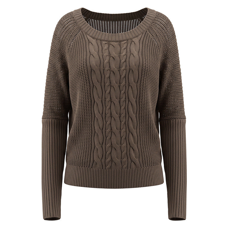 Round neck twisted flower knitted long sleeved sweater