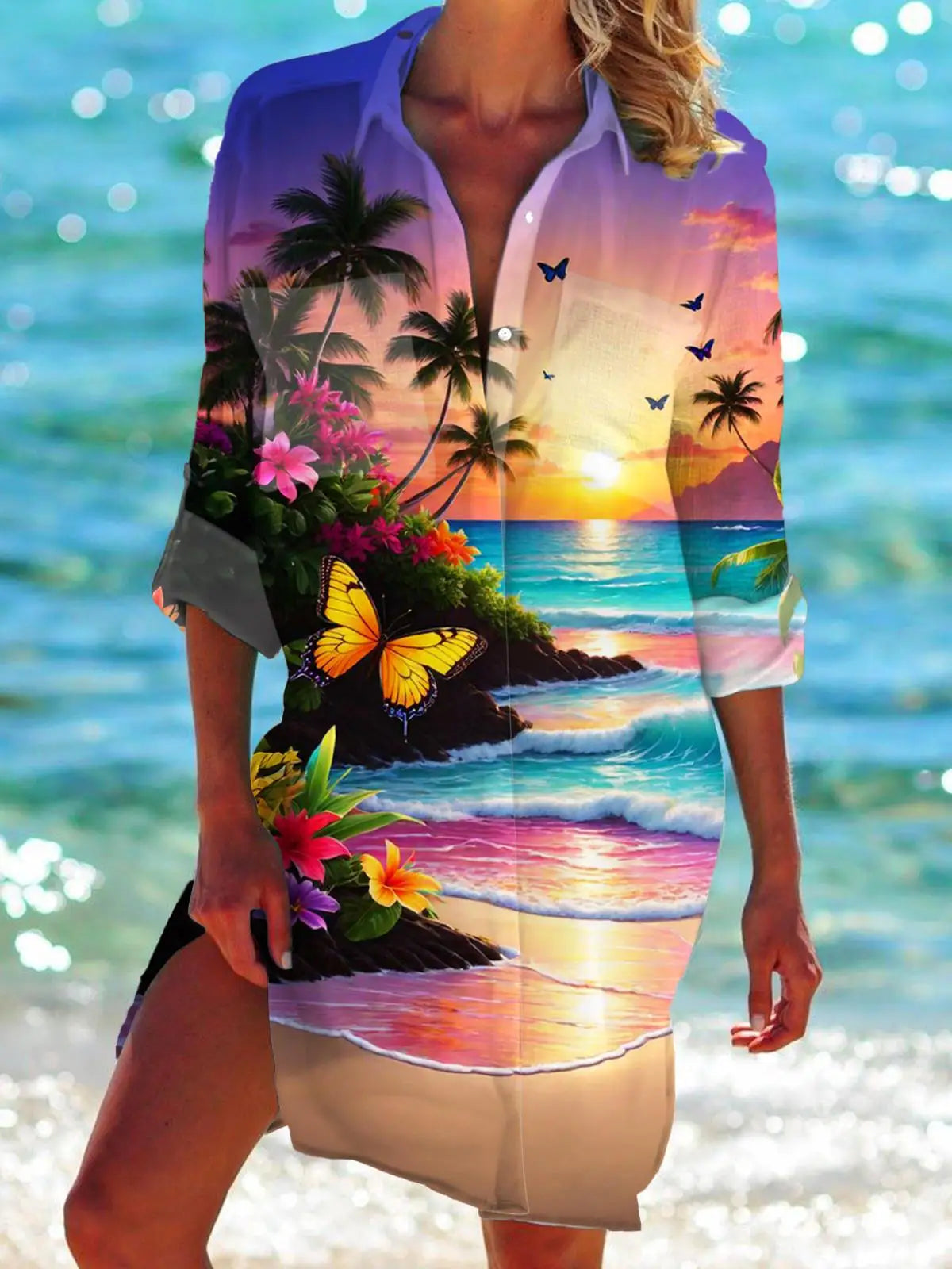 Floral Flower 3D Print Hawaii Beach Blouses Women Long Sleeve Mid-length Shirts Buttons Blusas Pocket Tops Blouse Woman Clothing