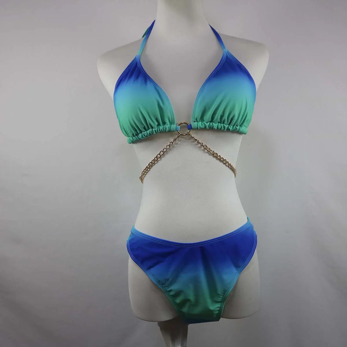 Women Sexy Blue Gradient Three-piece Cover Up Swimsuit Bikini Set