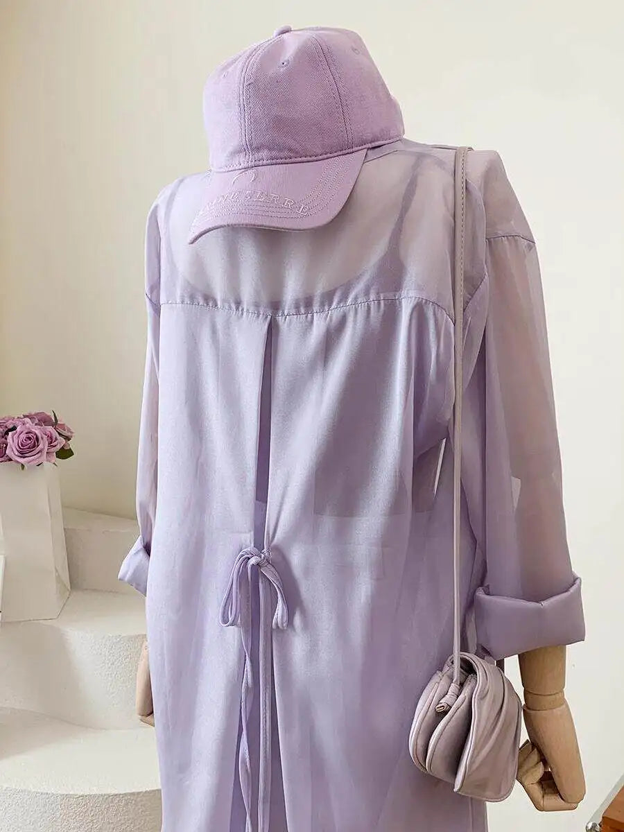 Tie Back Button Down Shirt Women Semi Sheer Chiffon Long Sleeve Collared Oversized Blouse Spring Summer Cover Up Casual Outfit