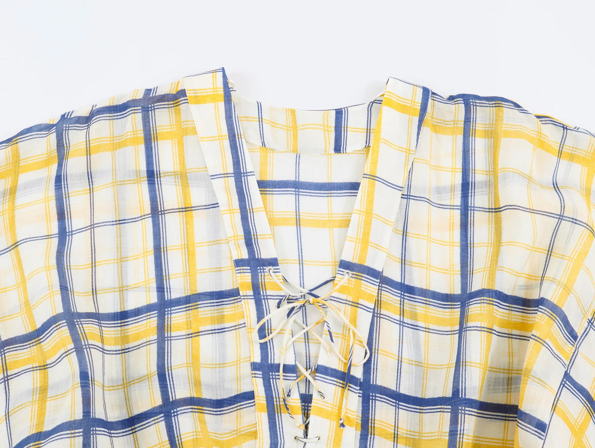 KONDALA Women Casual Plaid Loose Shirts Summer Beach Holiday Cloak Style Shirt 2026 Trendy Female Elegant Lace-up Collar Shirts
