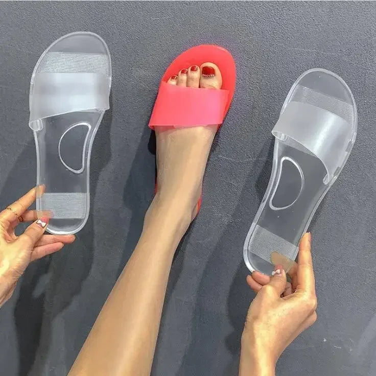 2025 Summer Women New Plus Size Bottom Beach Shoes Ladies One-word Sandals Casual Transparent Jelly Color Flat Slipper