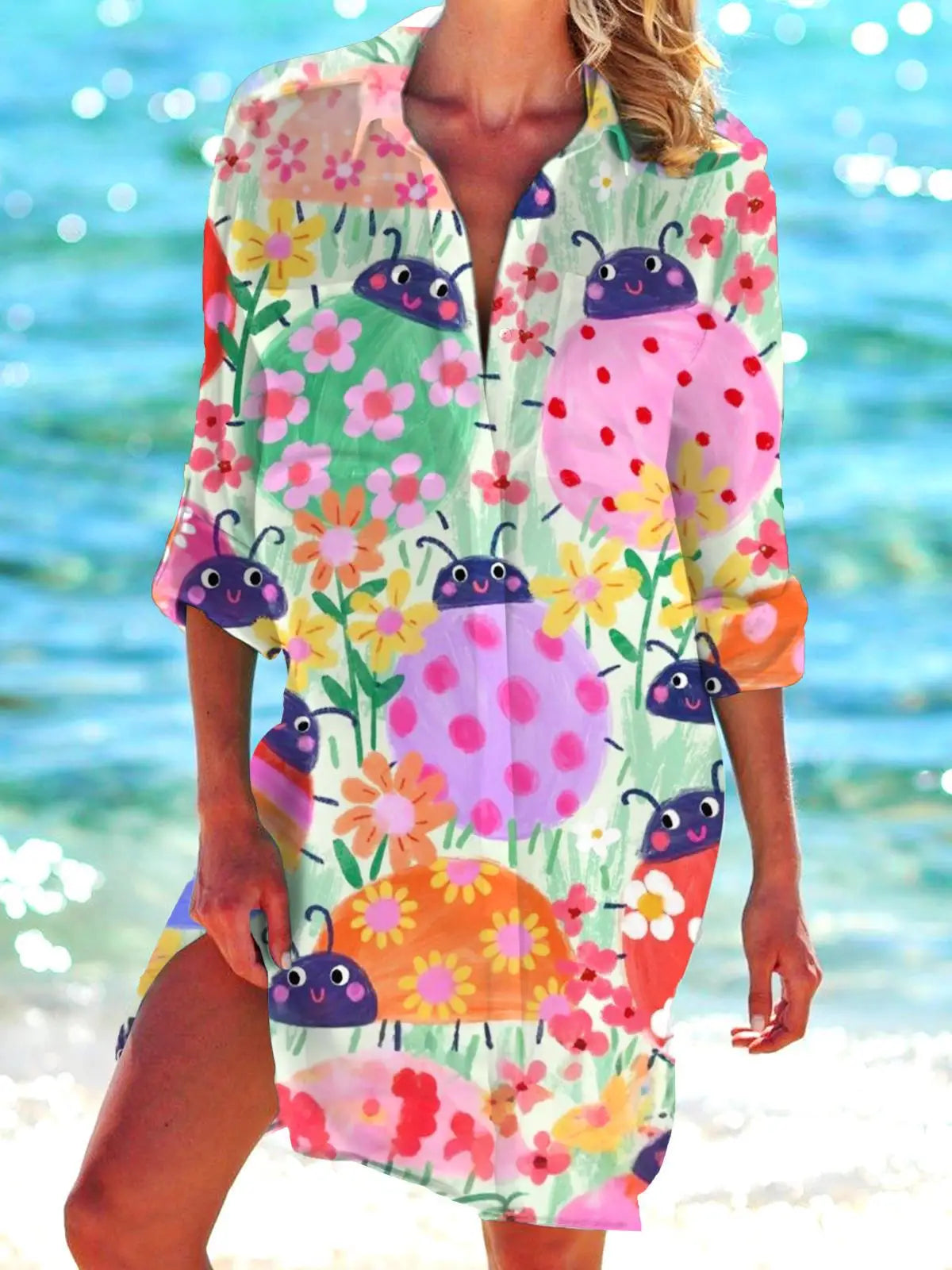 Floral Flower 3D Print Hawaii Beach Blouses Women Long Sleeve Mid-length Shirts Buttons Blusas Pocket Tops Blouse Woman Clothing