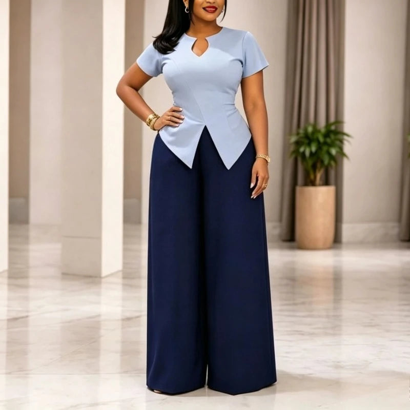 Casual Two Piece Set Women V Neck Short Sleeve Chic Tops High Waist Wide Leg Pants Suit Simple Elegant Fashion Daily Outfits