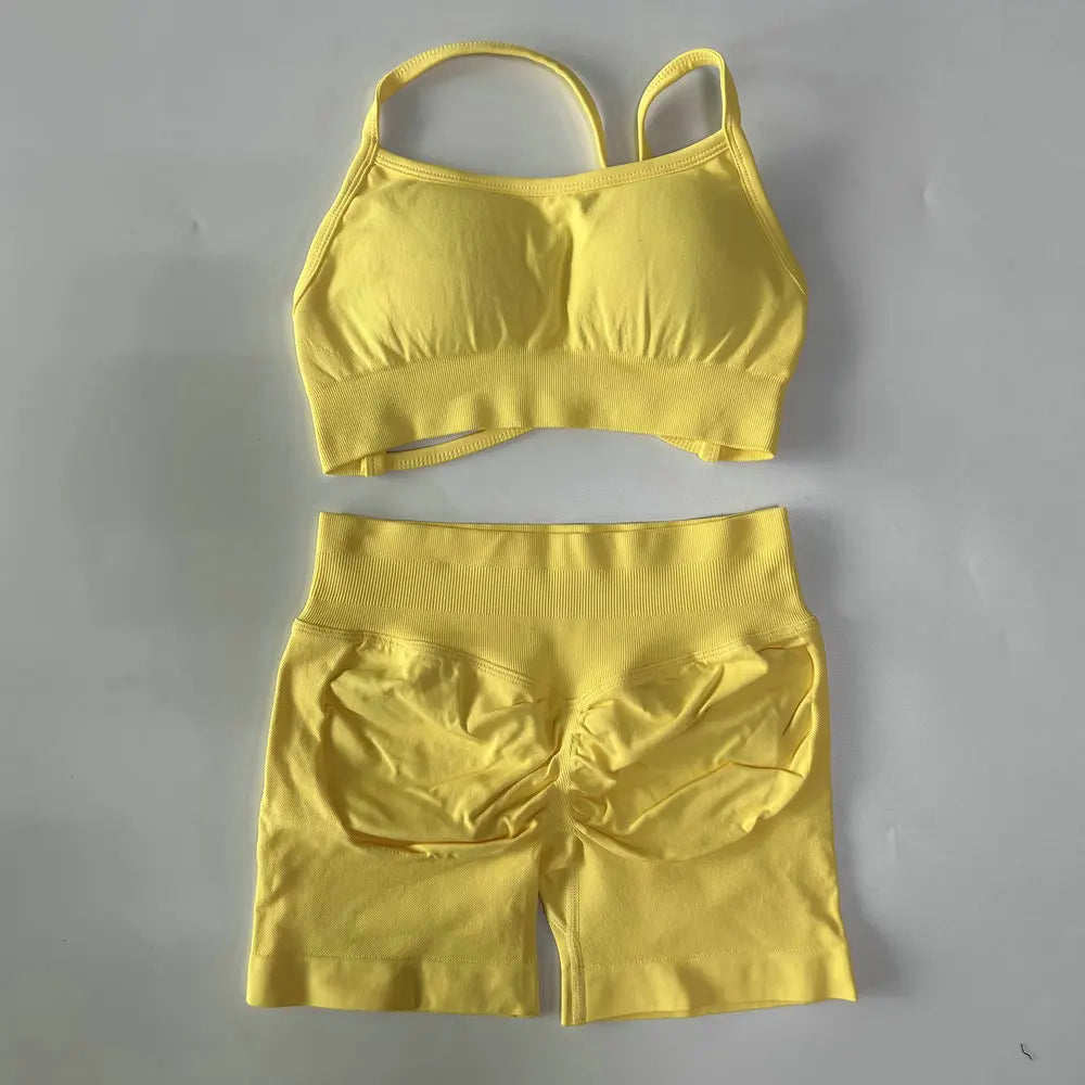 High Quality 2 Piece Gym Set Women Strappy Yoga Bra Top Workout Scrunch Shorts Sports Suit Fitness Clothes Seamless Yoga Set