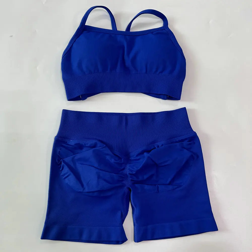 High Quality 2 Piece Gym Set Women Strappy Yoga Bra Top Workout Scrunch Shorts Sports Suit Fitness Clothes Seamless Yoga Set