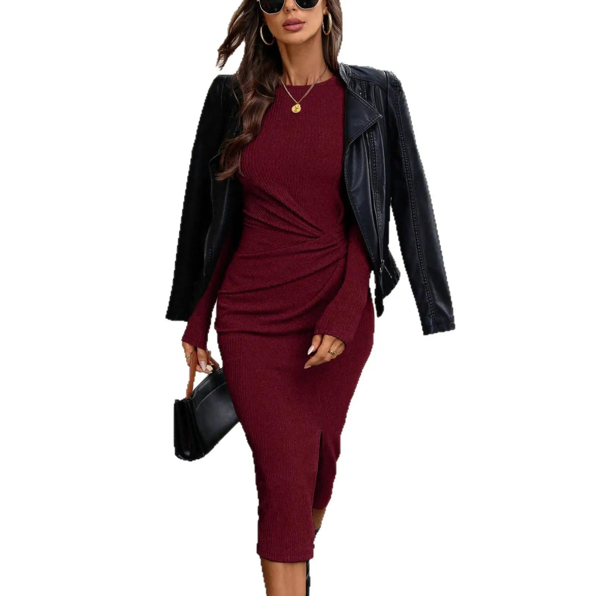 Elegant Long Wrap Dress for Women with Slit High Waist Bodycon Skirt Regular Sleeve Winter New Arrival Citywalk Dress