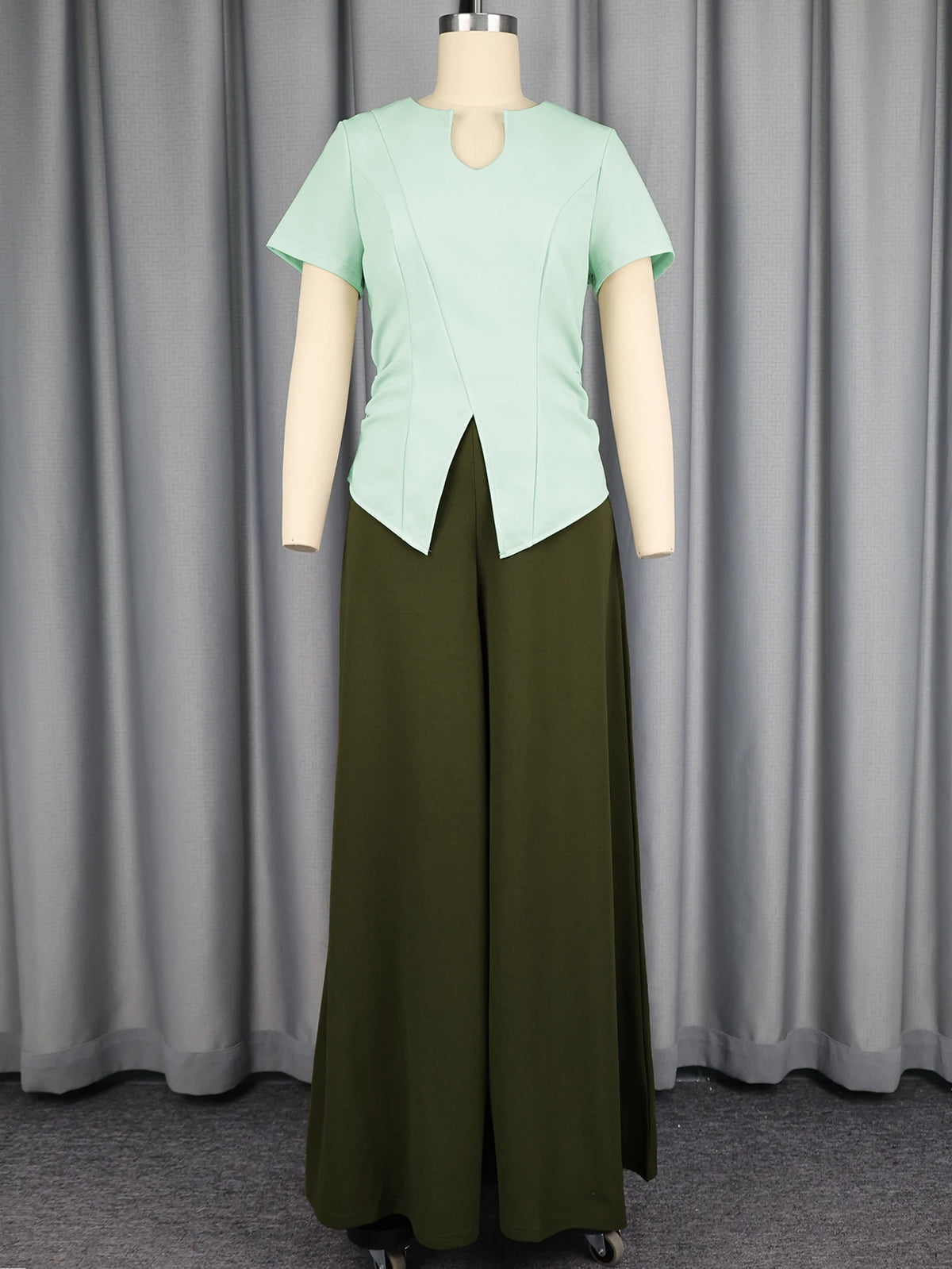 Casual Two Piece Set Women V Neck Short Sleeve Chic Tops High Waist Wide Leg Pants Suit Simple Elegant Fashion Daily Outfits