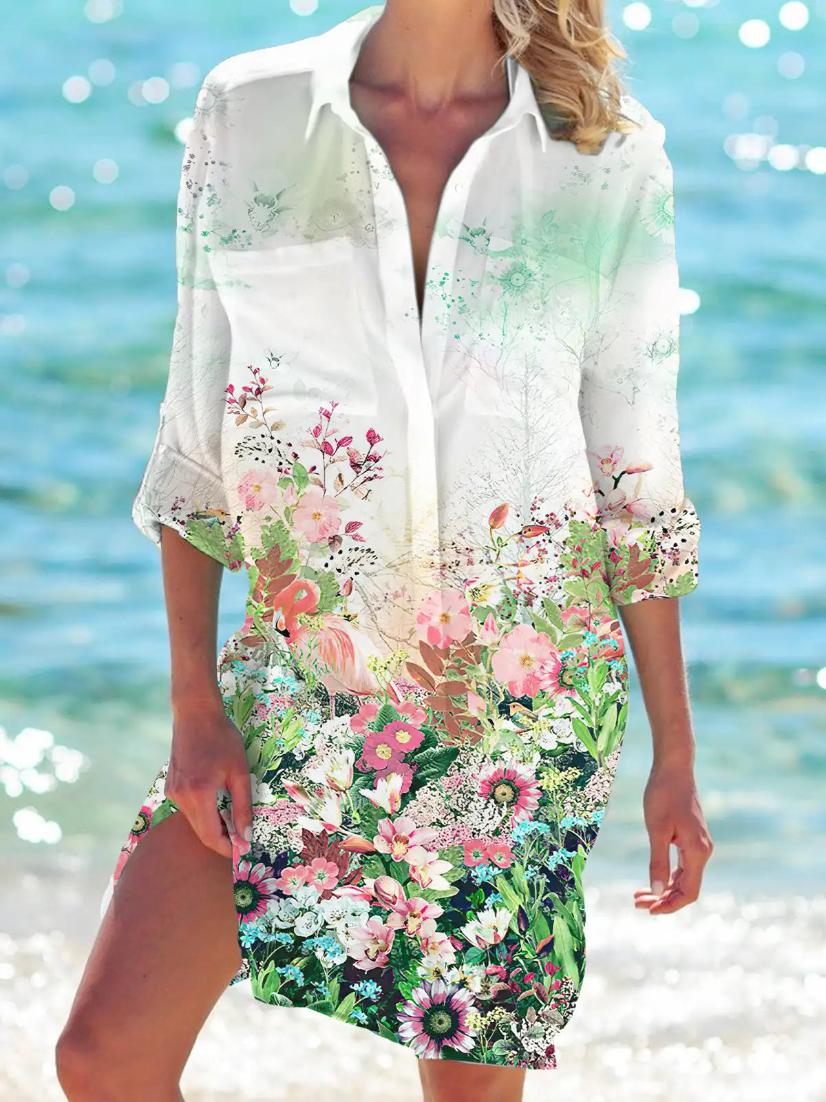 Floral Flower 3D Print Hawaii Beach Blouses Women Long Sleeve Mid-length Shirts Buttons Blusas Pocket Tops Blouse Woman Clothing