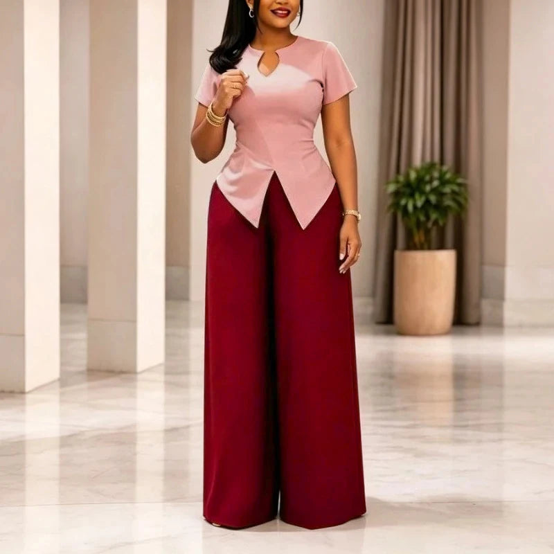 Casual Two Piece Set Women V Neck Short Sleeve Chic Tops High Waist Wide Leg Pants Suit Simple Elegant Fashion Daily Outfits