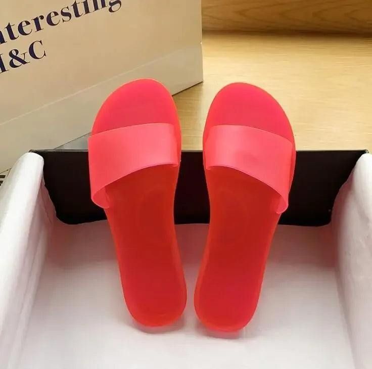 2025 Summer Women New Plus Size Bottom Beach Shoes Ladies One-word Sandals Casual Transparent Jelly Color Flat Slipper