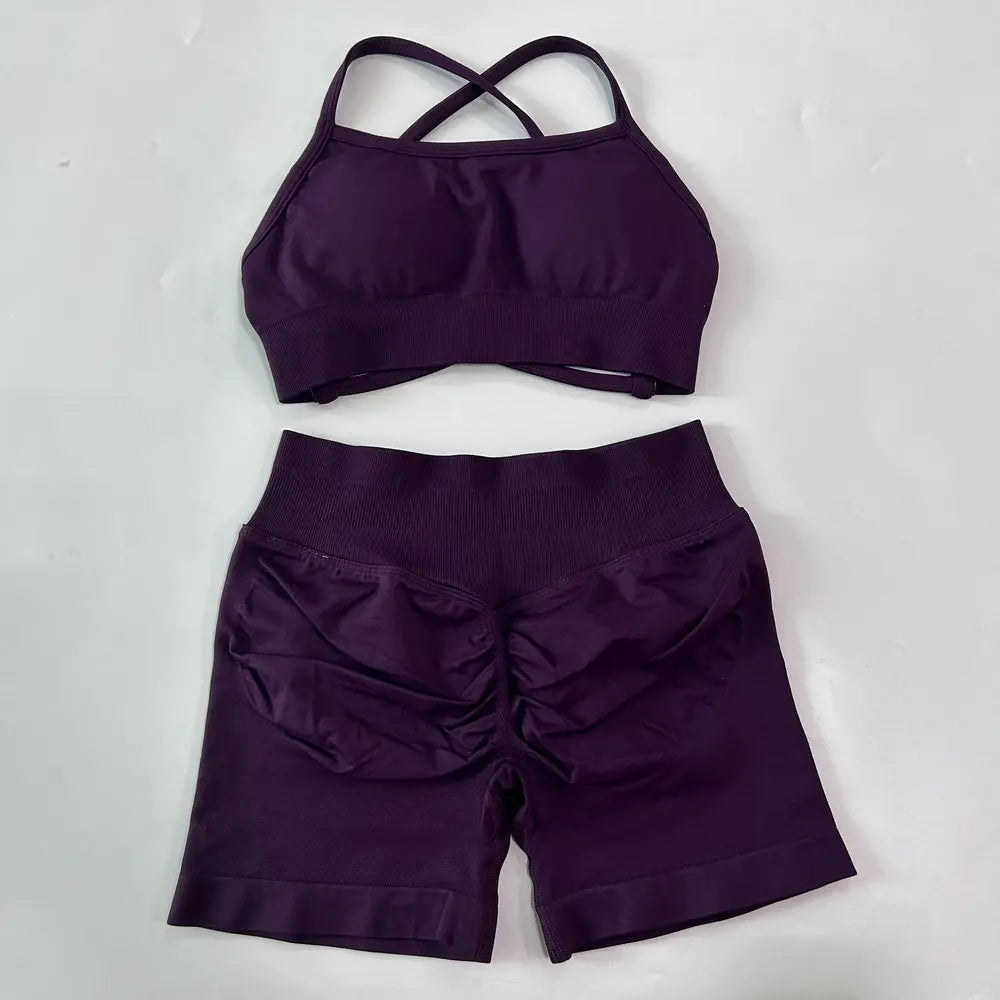 High Quality 2 Piece Gym Set Women Strappy Yoga Bra Top Workout Scrunch Shorts Sports Suit Fitness Clothes Seamless Yoga Set