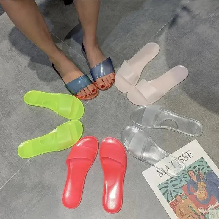 2025 Summer Women New Plus Size Bottom Beach Shoes Ladies One-word Sandals Casual Transparent Jelly Color Flat Slipper