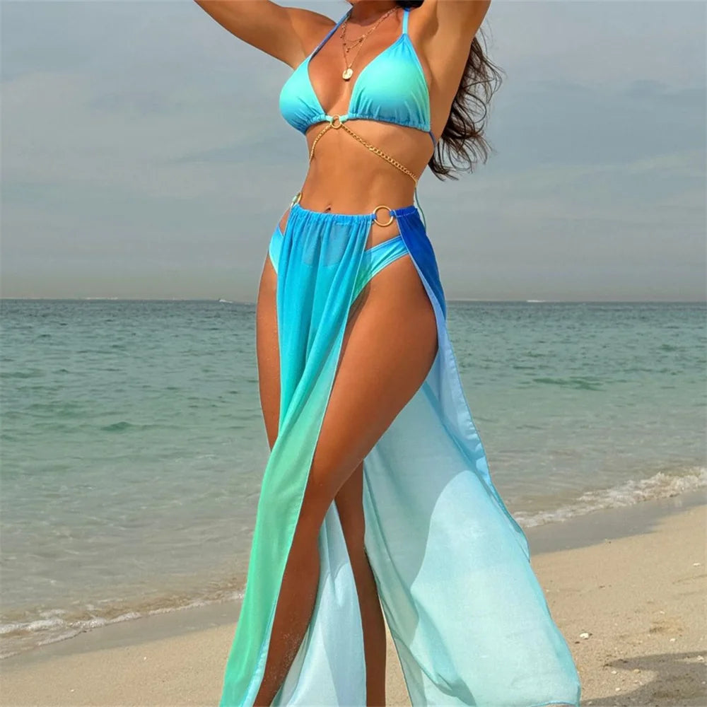 Sexy Metal Chains Bikini Top Extreme String Swimsuit Women Backless Gradient Swimwear Mesh Rings Skirt Beach Outfit Bathing Suit