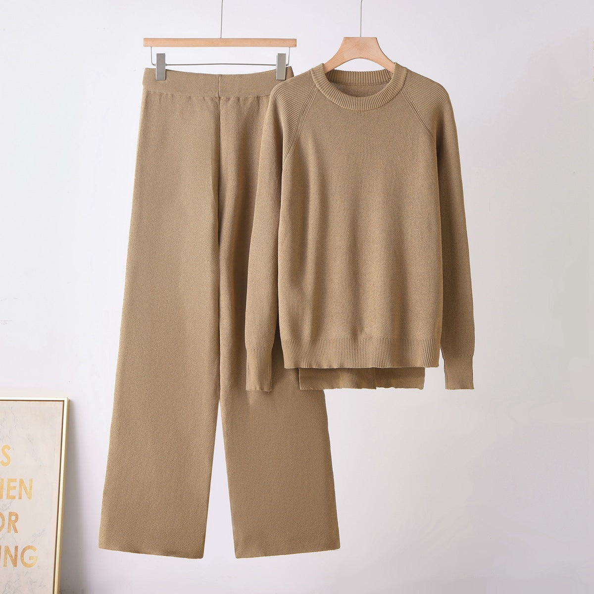 Loose long sleeved round neck wide leg pants two-piece set for women