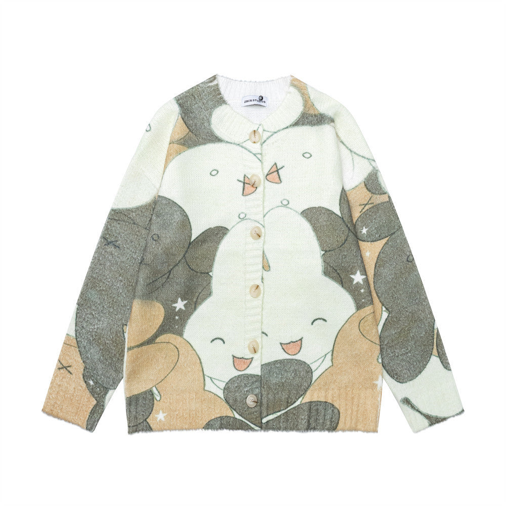 Cartoon cat digital full print contrasting cardigan
