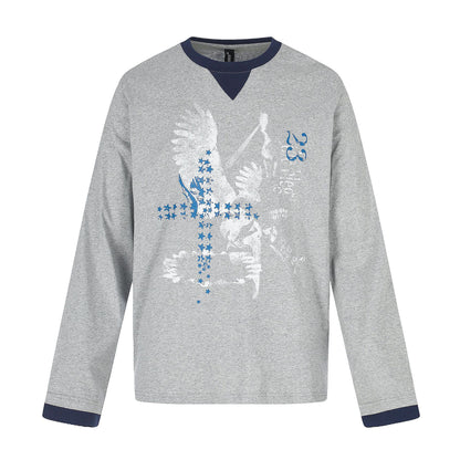 Distressed Printed Color-block Crewneck Long Sleeve T-Shirt