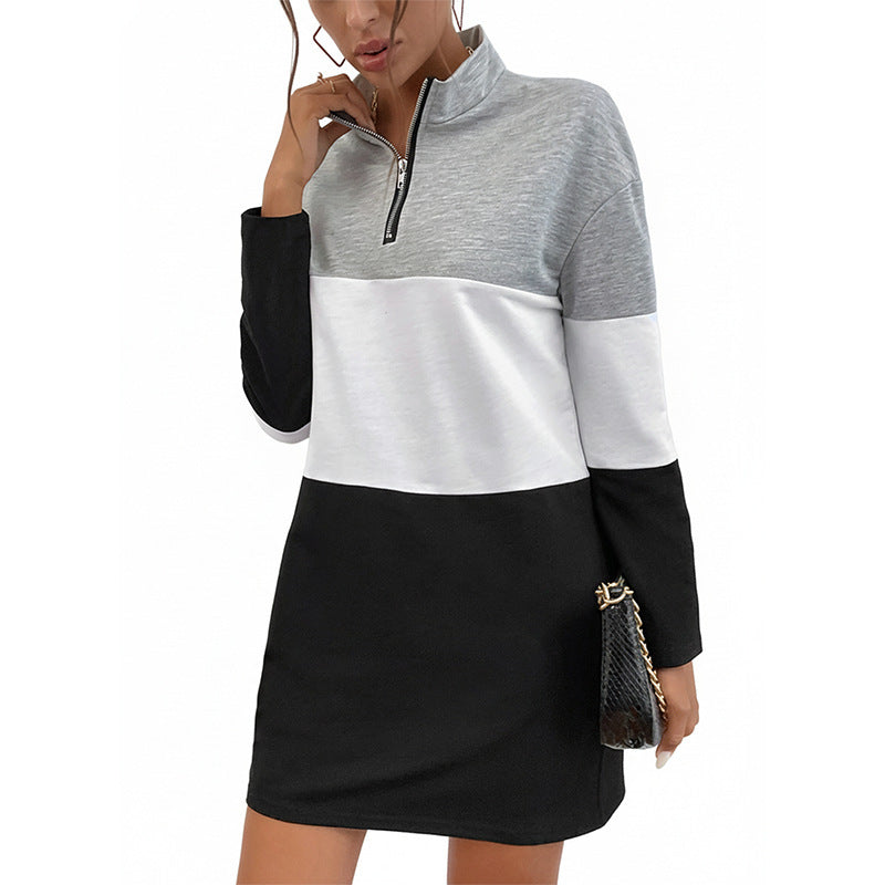 Color Block Zip Front Stand Collar Black Women&