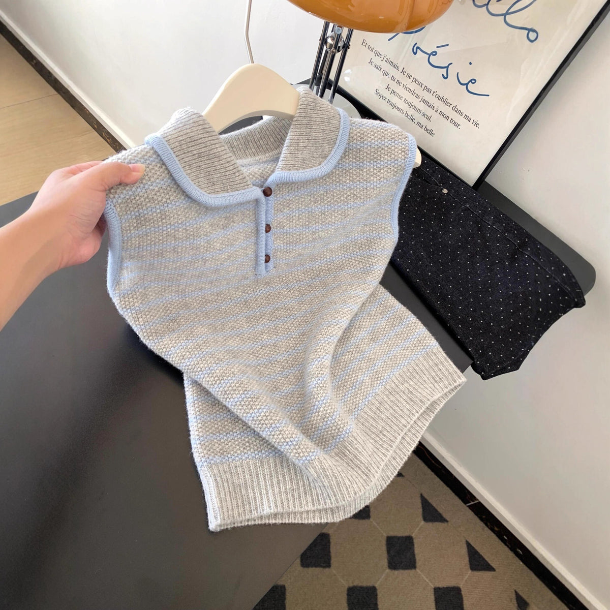 Striped polo collar vest knit sleeveless camisole top with inner lining
