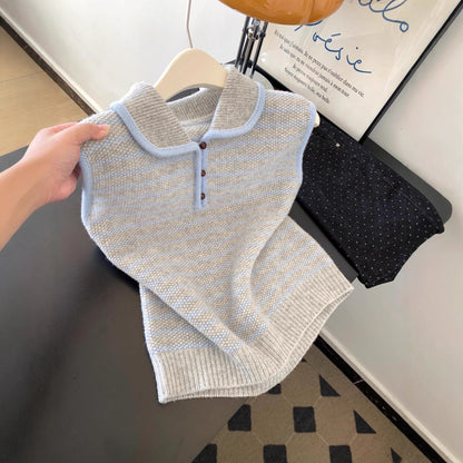 Striped polo collar vest knit sleeveless camisole top with inner lining
