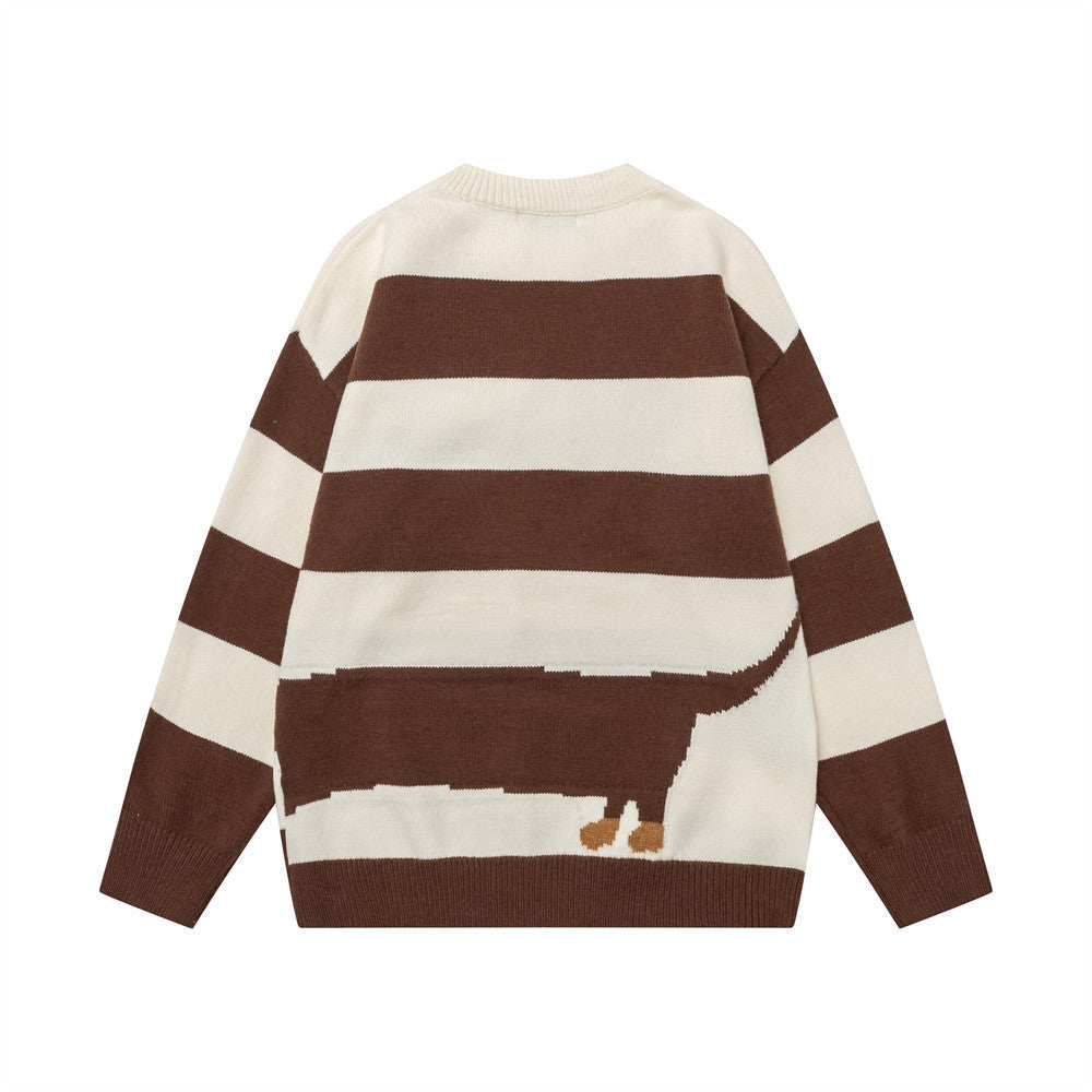 Color blocking striped cartoon dog round neck sweater