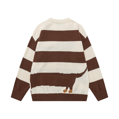 Color blocking striped cartoon dog round neck sweater