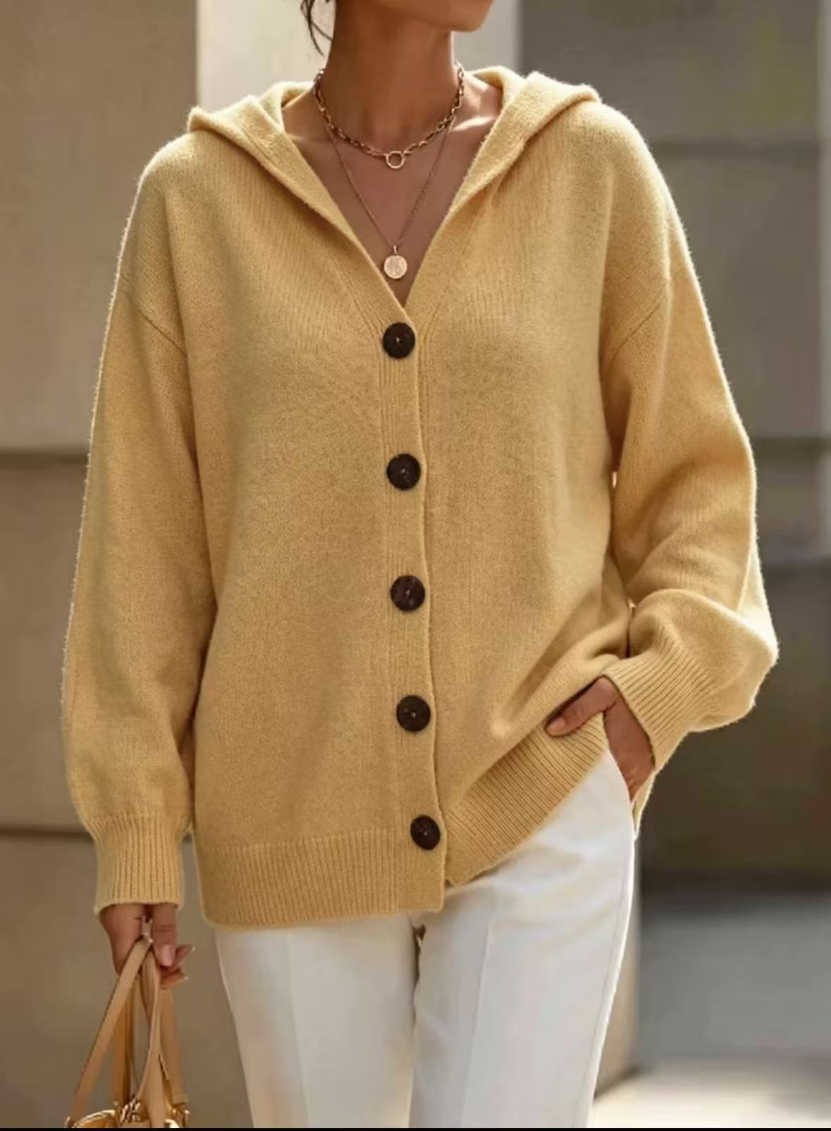 Hooded Knitted Cardigan Solid Color Casual