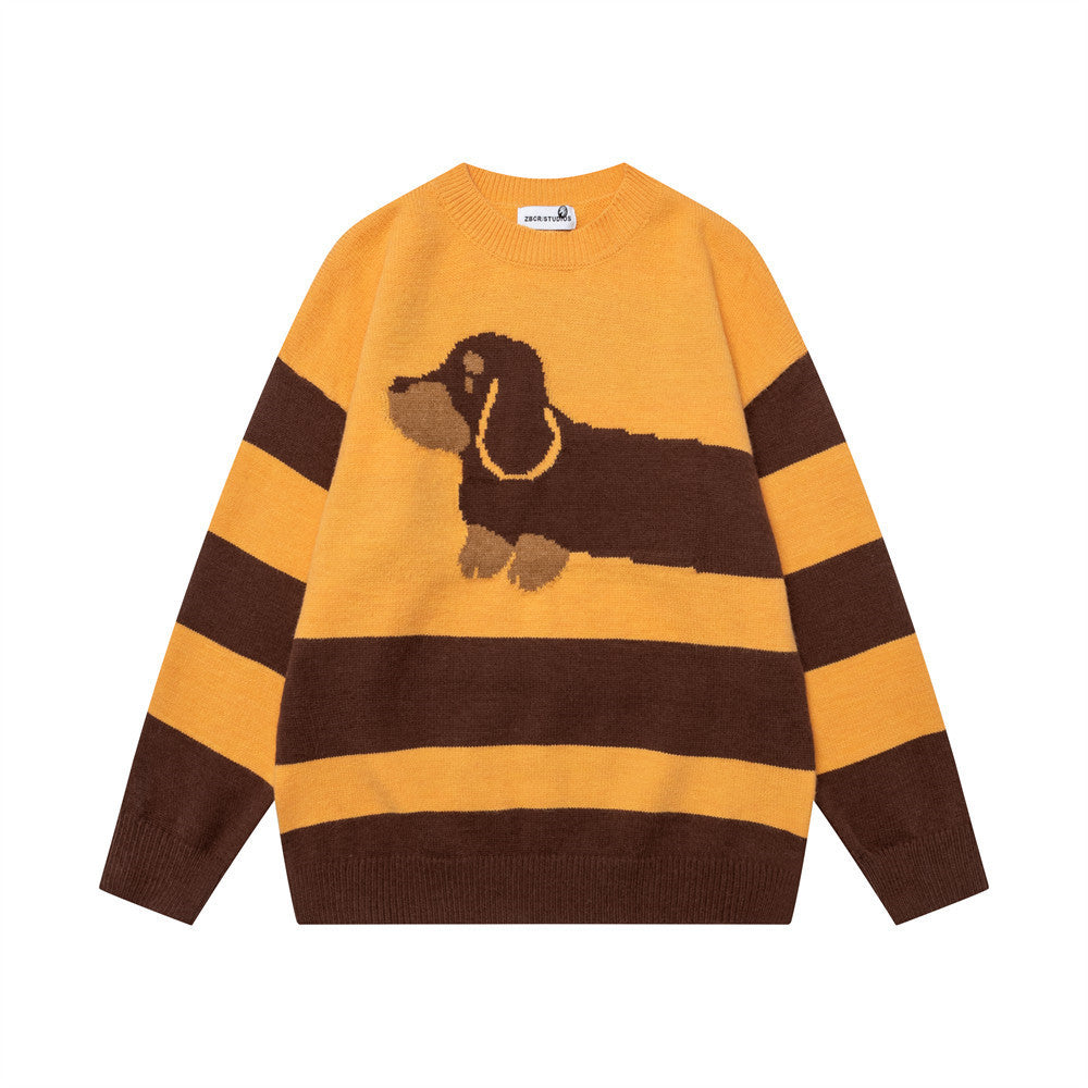 Color blocking striped cartoon dog round neck sweater