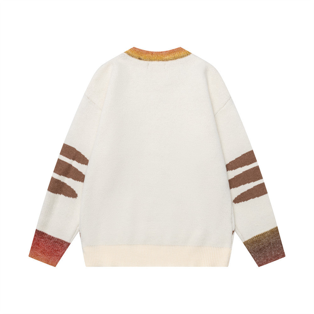 Cartoon jacquard contrasting round neck sweater