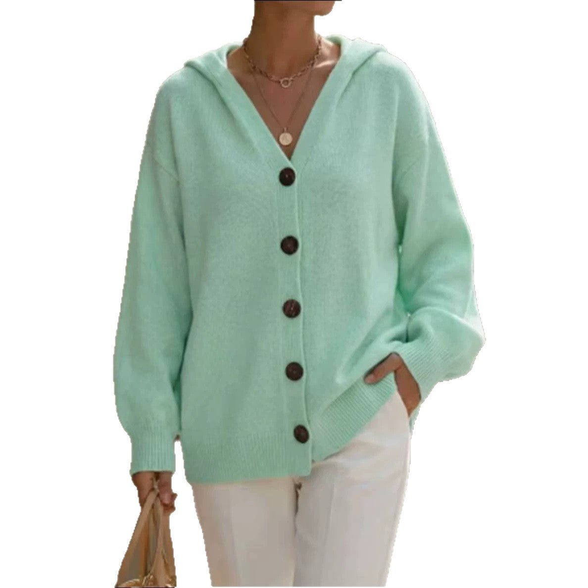 Hooded Knitted Cardigan Solid Color Casual