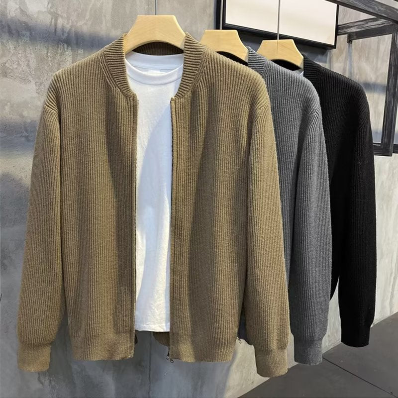 Casual Solid Color Knit Double Zipper Cardigan Sweater for Men