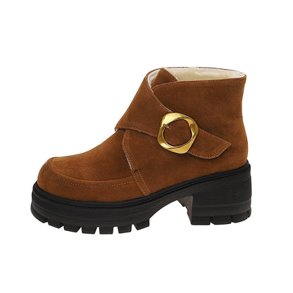 Chunky Heeled Over-the-Knee Boots with Belt Buckle, Faux Suede, High Heel, Thick Sole, Women&